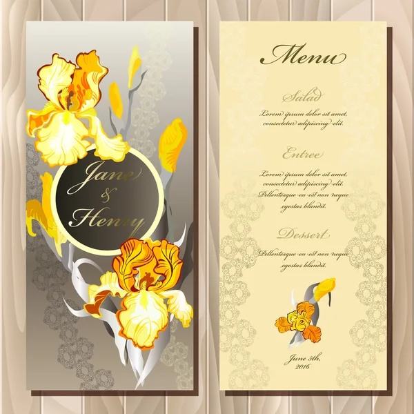 Iris flower wedding menu card. Vector illustration — Stok Vektör