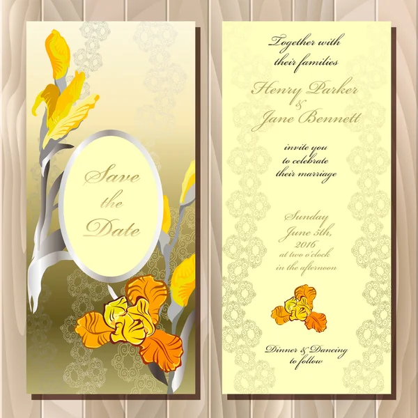 Wedding card with yellow iris bouquet background. — Διανυσματικό Αρχείο