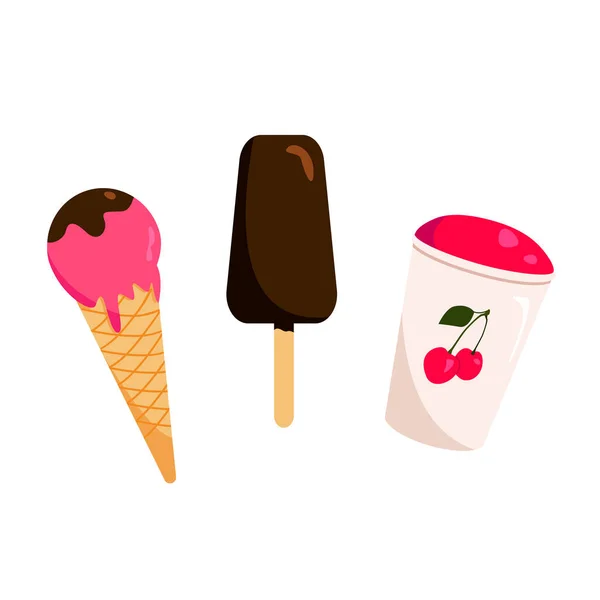 Tres Tipos Helado Cono Helado Helado Paleta Cono Helado Bayas — Vector de stock