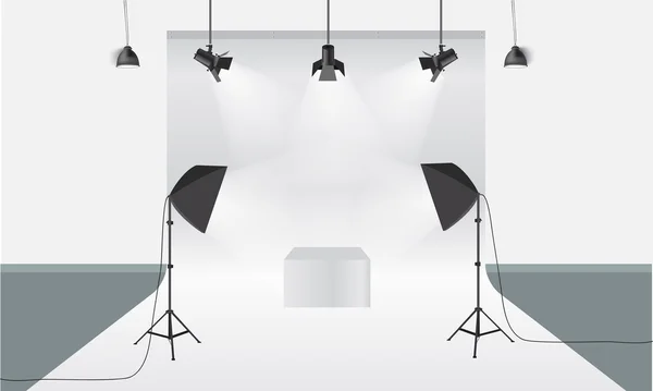 Estúdio de fotografia com equipamento de iluminação e vetor de fundo. Mockup de exibição — Vetor de Stock
