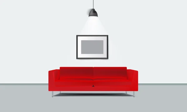 Realistisches rotes Sofa mit Fotorahmen und Lampenlichtvektor. — Stockvektor