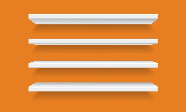 Vektor weiß leere Regalregale isoliert auf orangefarbenem Wandhintergrund — Stockvektor