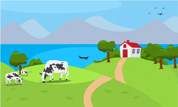 Ilustração vetorial uma casa e vaca na bela natureza de verão — Vetor de Stock