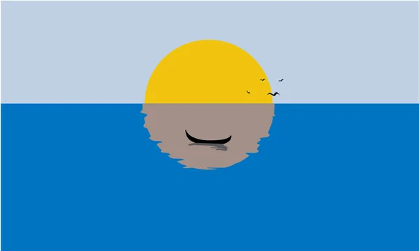 Barco de vela, Puesta del sol brumoso, Reflexión sobre el agua. Color sólido, plano — Vector de stock