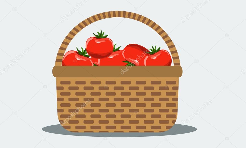 Wicker basket with fresh tomatoes. Illustrated vector. Solid flat color.