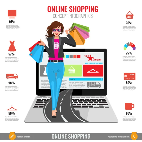 Infográficos conceito de compras on-line no vetor. Mulher andando de laptop —  Vetores de Stock