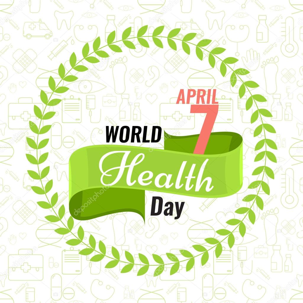 Creative sign or logo for 7 April - World Health Day Greeting stock vector. Green ribbon banner. Solid flat color design for Health Day concept. Seamless trendy outline medical icons