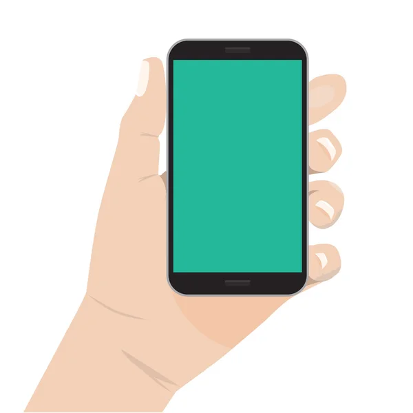 Mão segurando telefone inteligente. Design de cores isolado, sólido e plano — Vetor de Stock