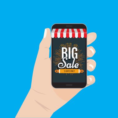 Online alışveriş satış konsepti el smartphone vektör çizim tutarak