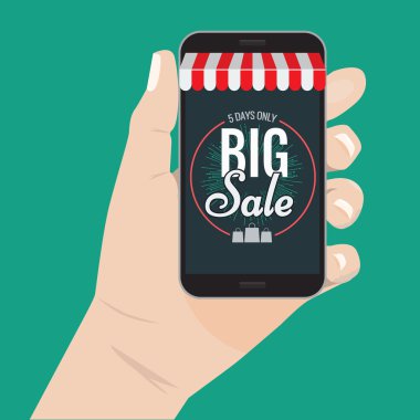 Online alışveriş satış konsepti el smartphone vektör çizim tutarak