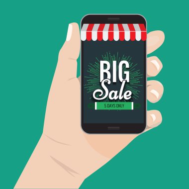 Online alışveriş satış konsepti el smartphone vektör çizim tutarak