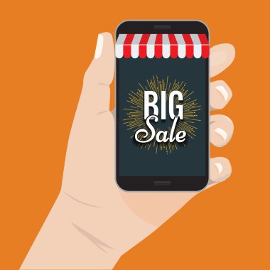 Online alışveriş satış konsepti el smartphone vektör çizim tutarak