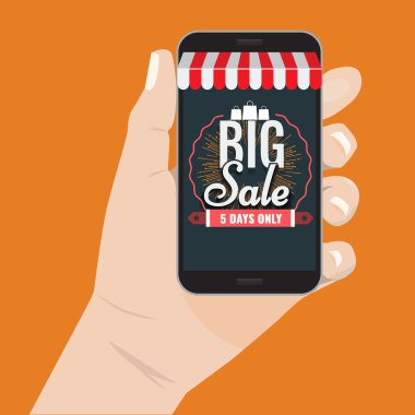 Online alışveriş satış konsepti el smartphone vektör çizim tutarak