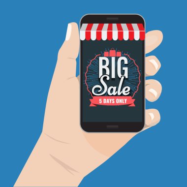 Online alışveriş satış konsepti el smartphone vektör çizim tutarak