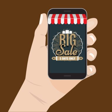 Online alışveriş satış konsepti el smartphone vektör çizim tutarak