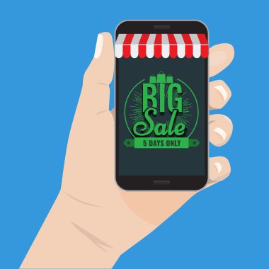 Online alışveriş satış konsepti el smartphone vektör çizim tutarak