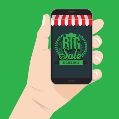 Online alışveriş satış konsepti el smartphone vektör çizim tutarak