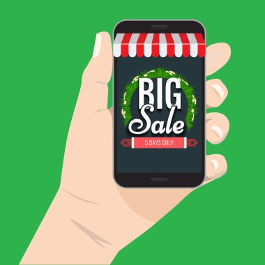 Online alışveriş satış konsepti el smartphone vektör çizim tutarak