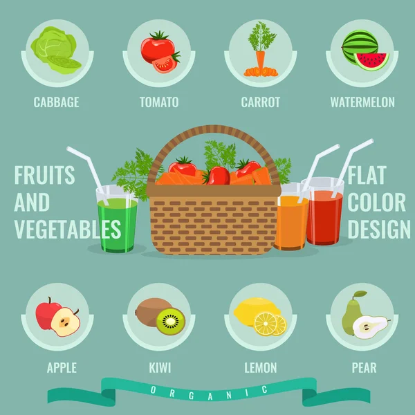 Biologische groenten en fruit pictogrammen met platte vulkleur. — Stockvector