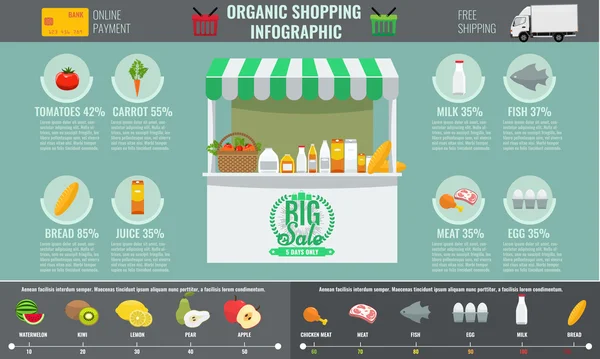 Supermarket ekologické nákupní infographic koncept. — Stockový vektor