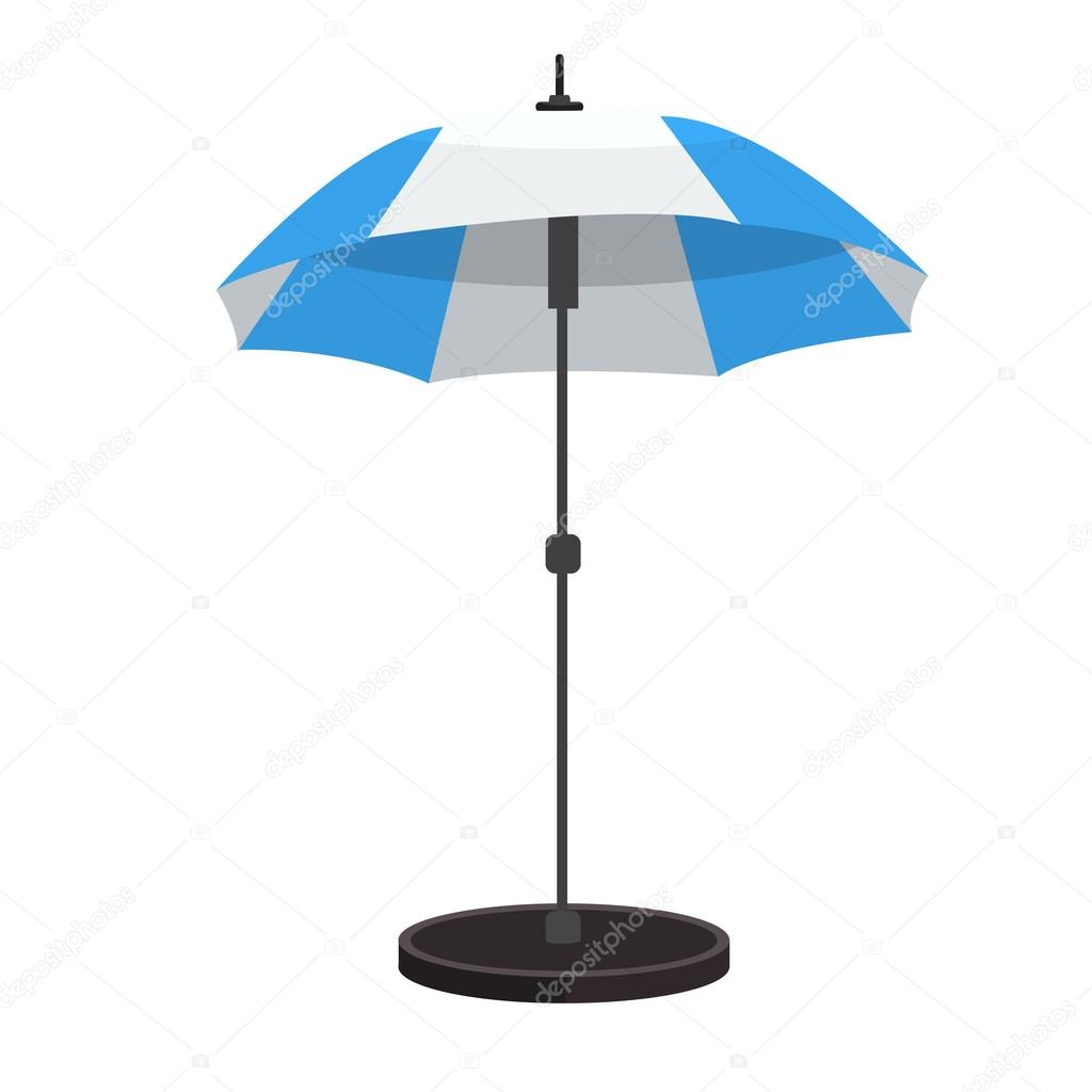 Beach umbrella icon with stand. Flat color design. Blue and white color and flat shadows.