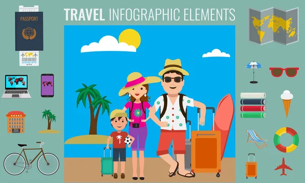 旅行インフォグラフィック要素と幸せな観光家族旅行. — ストックベクタ