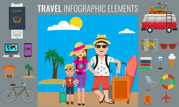 Seyahat infographics elemanları ve mutlu turist aile seyahat. — Stok Vektör