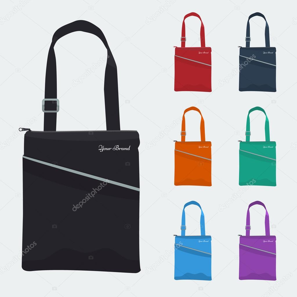 Set of Detailed Bag with front pocket and zip flat and solid color design. Fabric tablet bag or sport bag for corporate identity and promo gift.