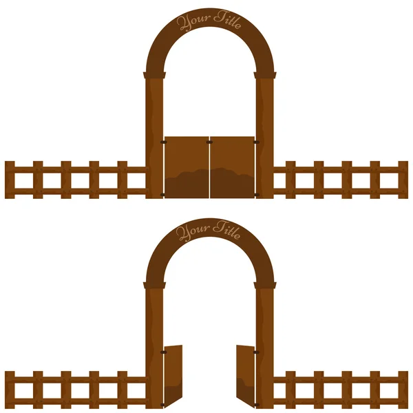 Vinobraní obec nebo zemědělská konstrukce dřevěné brány s plotem. — Stockový vektor