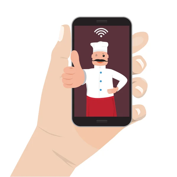 Online eten bestellen thema. Vector chef Cook man en telefoon — Stockvector