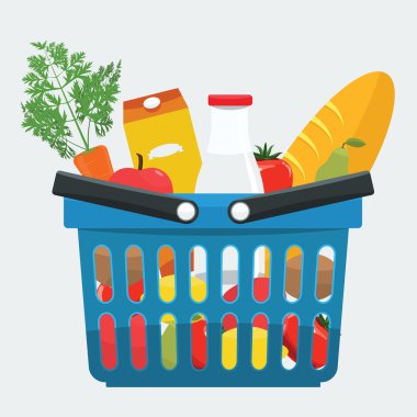 Süpermarket sepeti taze ürünler, ekmek, sebze dolu.