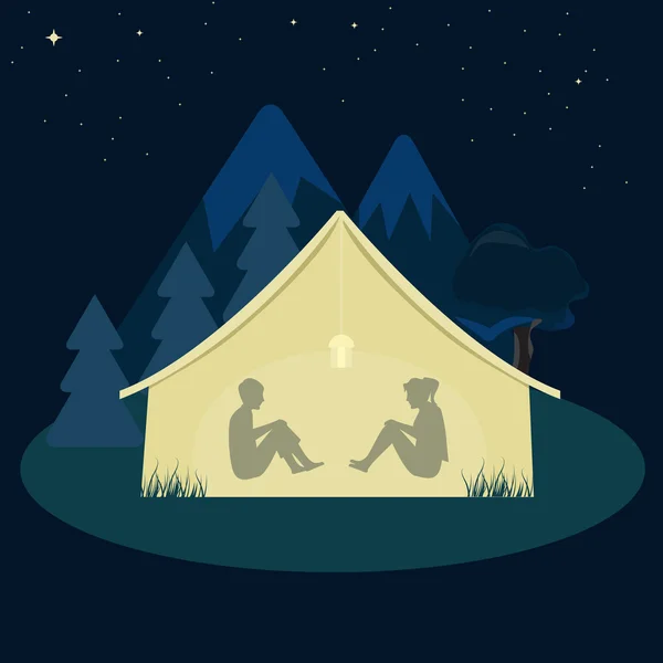 Dos jóvenes acampando en tienda de campaña por la noche . — Archivo Imágenes Vectoriales
