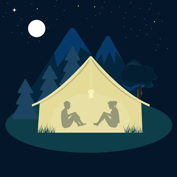 两个年轻人和女人晚上在帐篷里露营. — 图库矢量图片