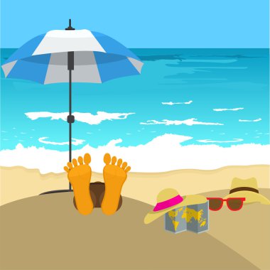 Mans ayak ve şemsiye ile Plaj. Yaz tatili konsepti