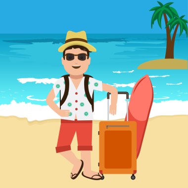 Mutlu yakışıklı turist maskotu. Yaratıcı düz vektör illüstrasyon