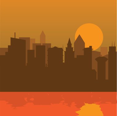 Cityscape günbatımı ve nehir düz renk tasarımı ile.