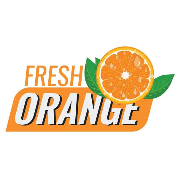 Λογότυπο για φρέσκο χυμό πορτοκάλι με φύλλα και το νερό πέφτει — Διανυσματικό Αρχείο