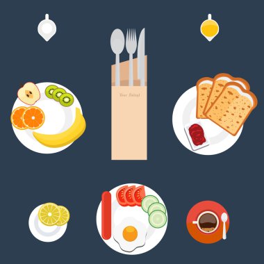 Kahvaltı masası sahte. Sıcak içecek. Üstte görüntü