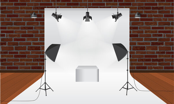 Photography studio with lighting equipment and backdrop vector. Display mockup