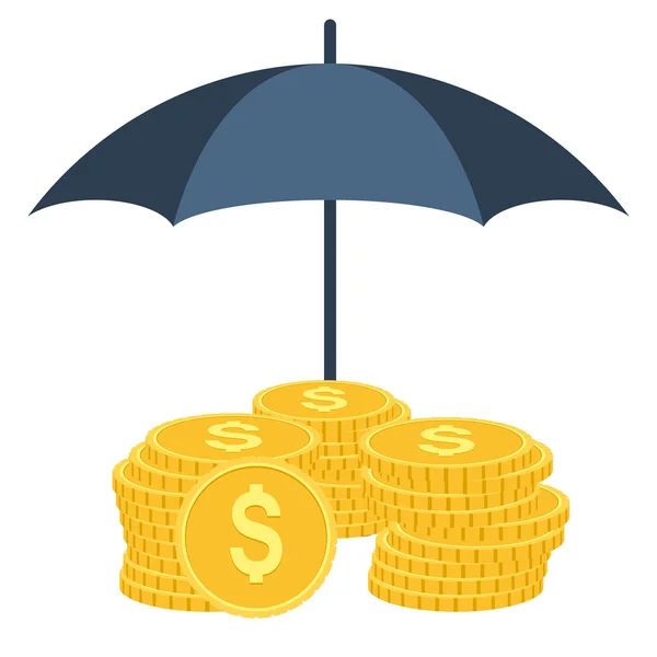 Dinero bajo protección paraguas. Seguro con diseño de color plano — Vector de stock
