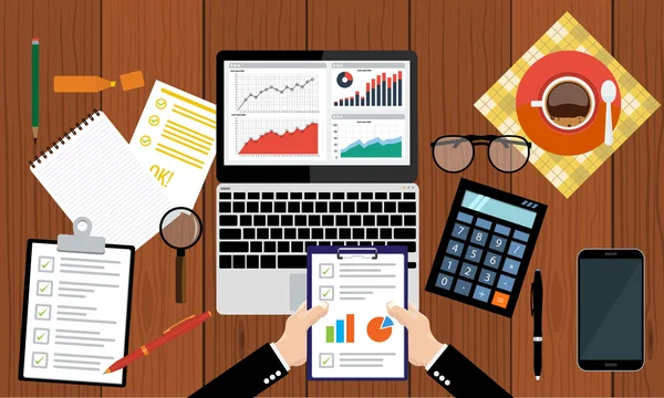 Paper sheet, hands, magnifier, paperwork, consultant, business adviser financial audit — Stock vektor