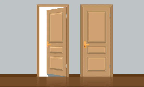 Puerta de madera clásica abierta y cerrada realista. Estilo de color plano — Vector de stock