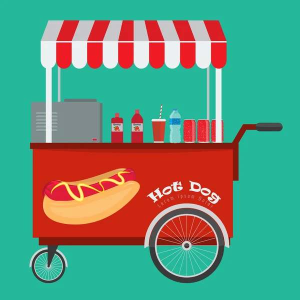 Fast-Food-Hotdog und Street-Hotdog-Wagen mit Markise — Stockvektor