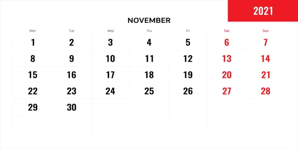 November Monat für 2021 Jahr Planung Kalender. Vektorillustration. — Stockvektor