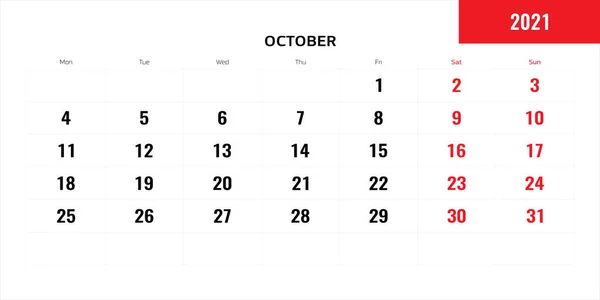 Οκτώβριος μήνα για 2021 έτος προγραμματισμού ημερολόγιο. Εικονογράφηση διανύσματος. — Διανυσματικό Αρχείο