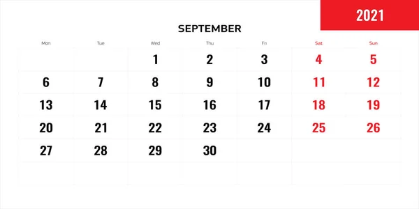 Σεπτέμβριος μήνα για 2021 έτος προγραμματισμού ημερολόγιο. Εικονογράφηση διανύσματος. — Διανυσματικό Αρχείο