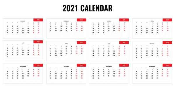 Ετήσιο ημερολογιακό έτος 2021 - 12μηνο ετήσιο ημερολογιακό έτος 2021. Εικονογράφηση διανύσματος. — Διανυσματικό Αρχείο