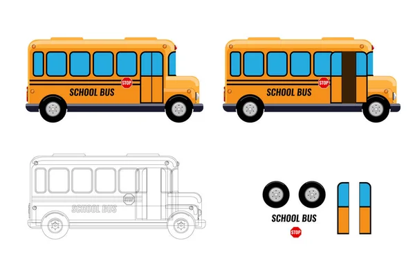 Animasyon tasarımınız için farklı unsurlara sahip okul otobüsleri açılıp kapanıyor. Düz ve katı vektör çizimi. — Stok Vektör