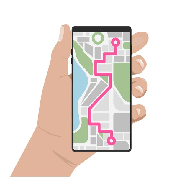 Hände halten Smartphone mit laufender Navigations-App. Vektorillustration — Stockvektor