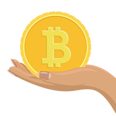 Kadın elinde Bitcoin para. Düz ve katı renk vektörü çizimi.